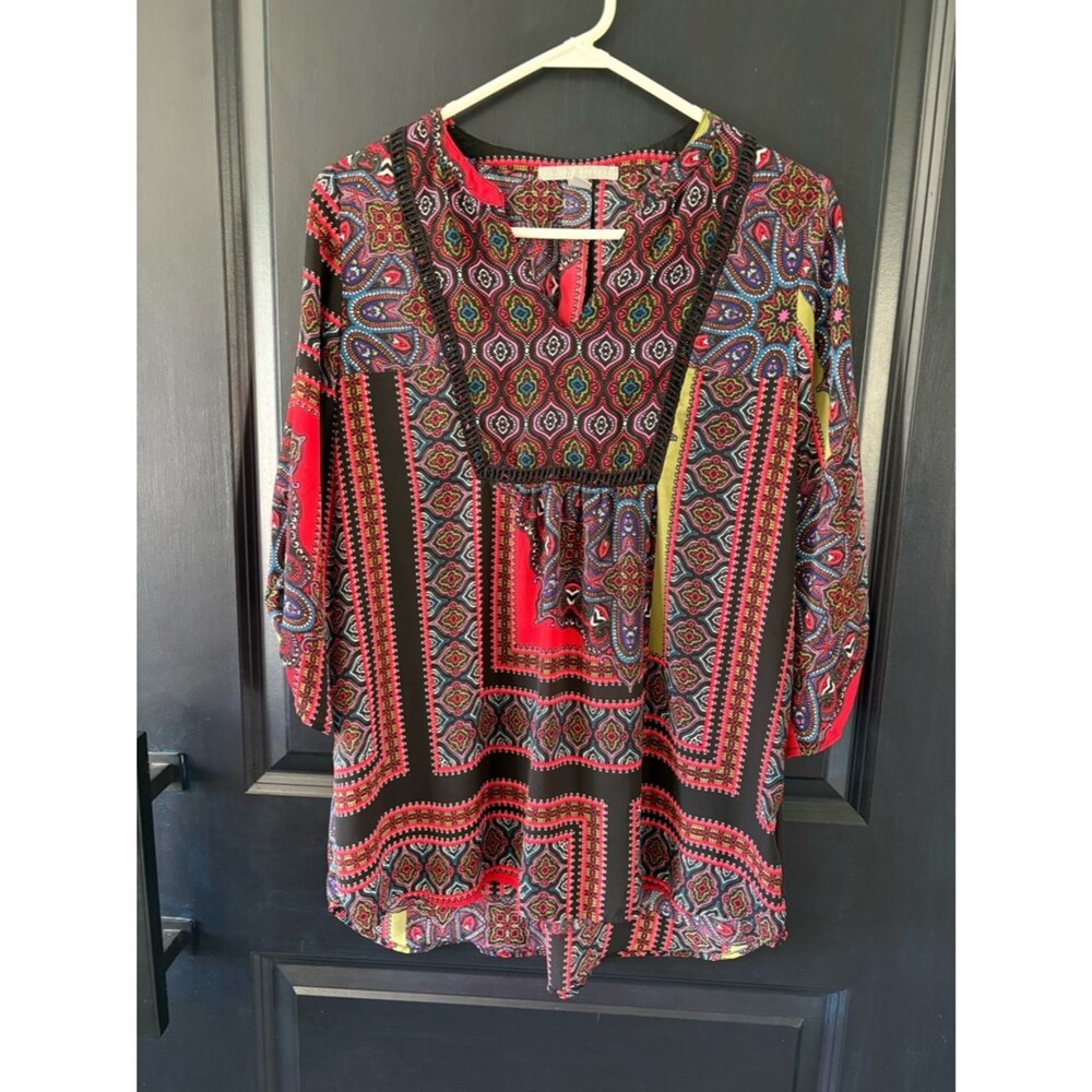👚 Valerie Stevens Boho Print Ornate Colorful Tunic Blouse Size Medium